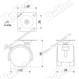 Оптом купить Опора колесная (мебельное колесо) 40 мм с пятой с Тормозом (4, 200*) ВК в мебельная фурнитура оптом и в розницу ВиКом.