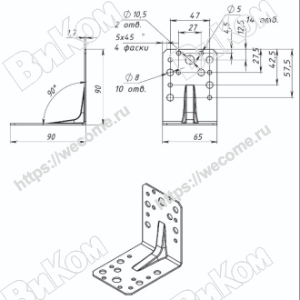 Оптом купить Уголок крепежный 90*90*65*2,0 усиленный цинк (25*) в мебельная фурнитура оптом и в розницу ВиКом.